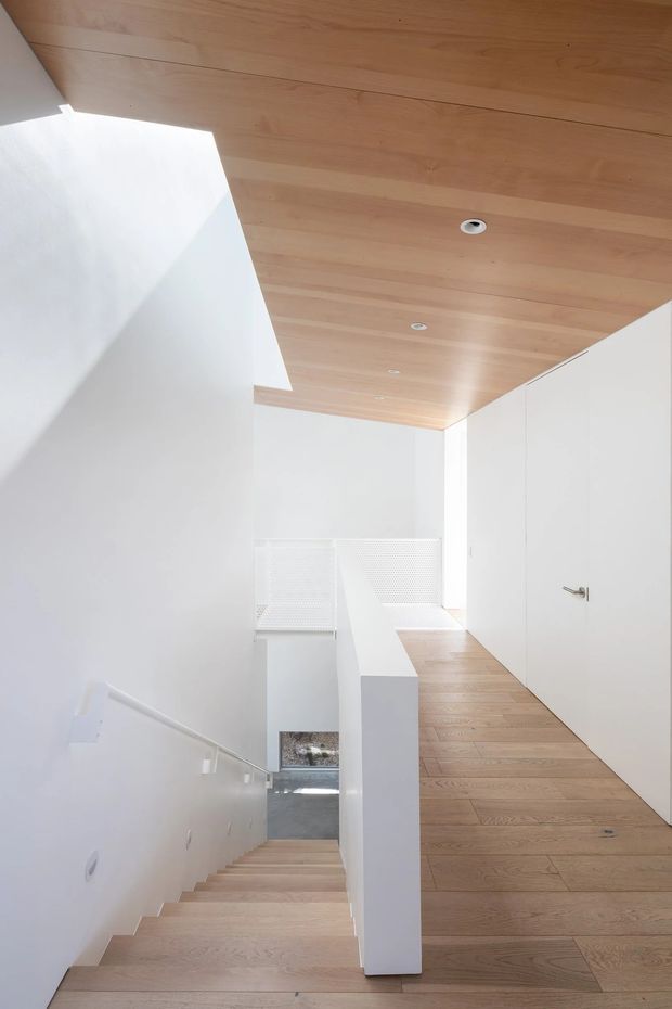 A bright minimalist interior stairway and landing with pale timber flooring and a matching timber-lined ceiling. White walls, a crisp white balustrade, concealed white doors, recessed downlights, and a perforated white screen create a clean, contemporary architectural composition. The staircase descends toward a lower level visible through the opening.