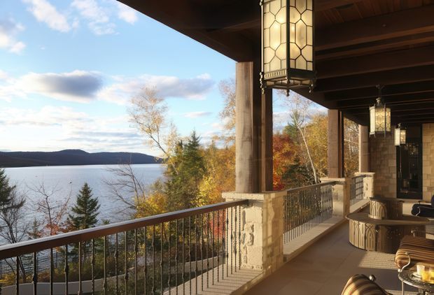 A covered lakeside terrace or veranda overlooking a calm lake and wooded hills. The space features substantial timber beams and columns, stone-clad piers, dark metal balustrades, and hanging lantern-style light fixtures with geometric glass panels. Outdoor seating and a small table occupy the terrace, which is surrounded by autumnal trees and enjoys expansive water views.