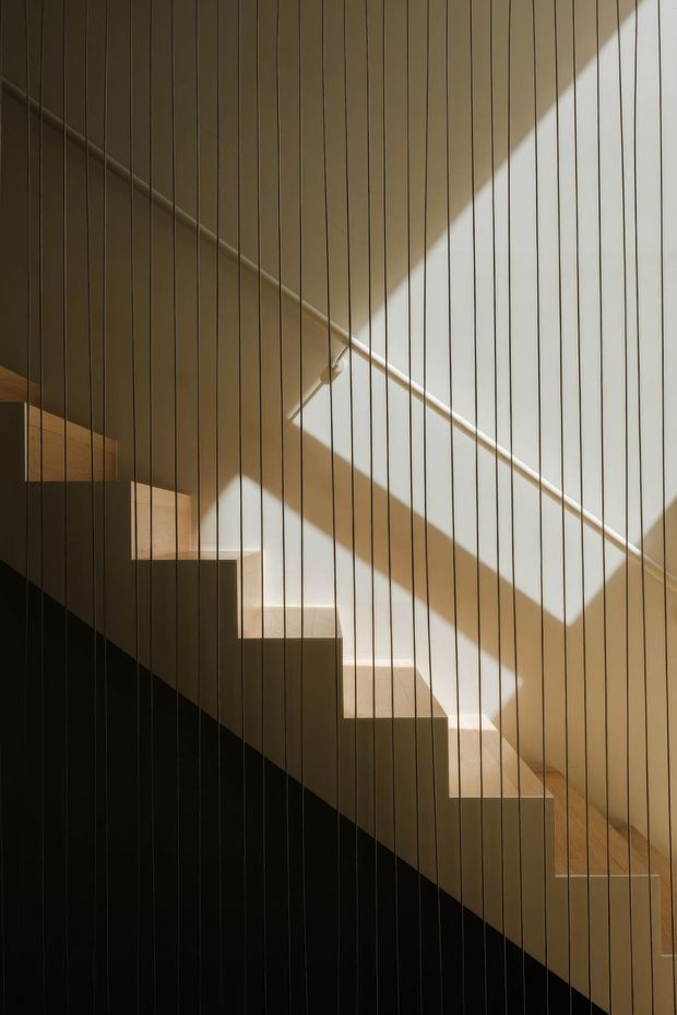 A minimalist interior stairway viewed through a fine vertical balustrade or screening. Warm timber-toned stair treads and wall panelling contrast with deep shadow, while strong sunlight creates geometric diagonal shadows across the stairwell. A simple handrail follows the stair slope.