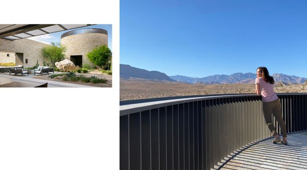Composite image showing a person standing on a curved elevated balcony or terrace with a dark vertical-slat balustrade, overlooking a broad mountainous landscape. A smaller inset image at left shows a landscaped courtyard or outdoor patio beside a contemporary rounded stone-clad building, with outdoor seating and a covered pergola.