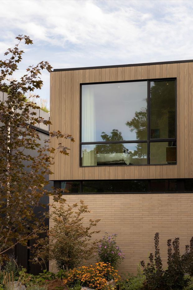 Exterior view of a contemporary multi-level residence with a warm vertical timber-clad upper storey, pale brick lower facade, black-framed glazing, and a strong horizontal composition. The large upper window reflects surrounding trees and reveals a bedroom inside. Layered garden planting partially screens the facade.