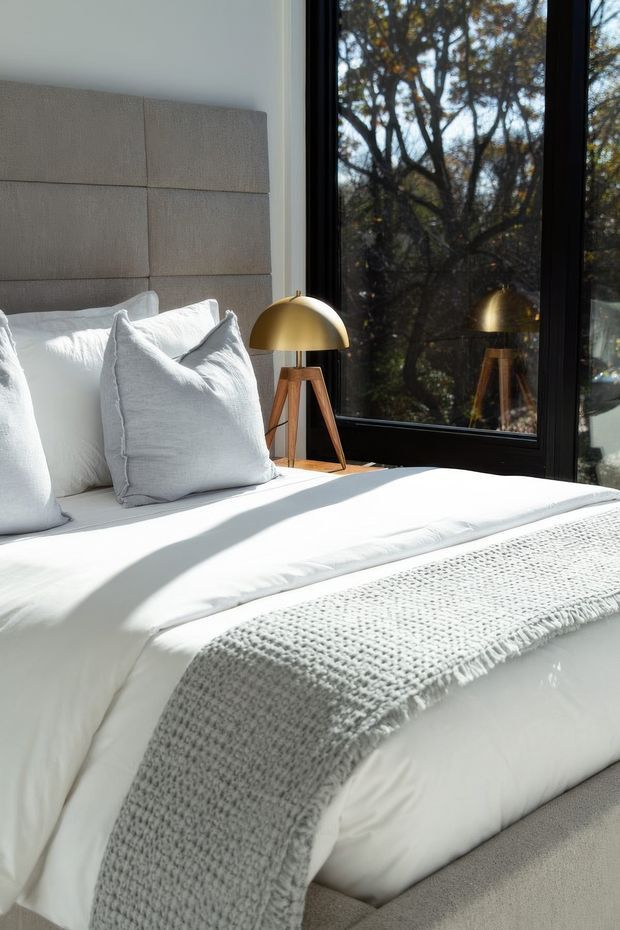 Bright, contemporary bedroom featuring a neatly made white bed with layered pillows and a textured light-grey throw. A padded taupe-grey upholstered headboard spans the wall, while a small brass dome table lamp with timber tripod legs sits beside the bed. Full-height black-framed glazing overlooks trees and reflects the lamp, bringing abundant natural light into the room.