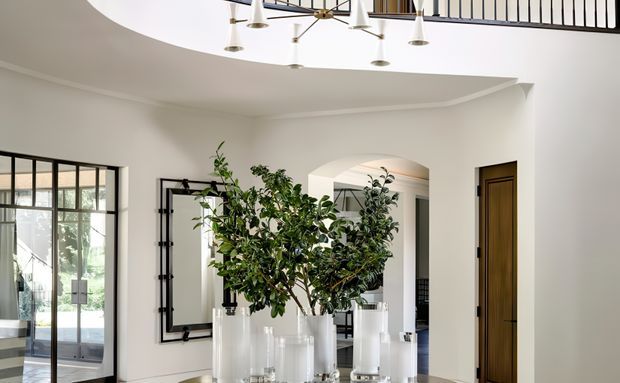 A bright, refined interior hall or entry space with curved ceiling detailing, a black metal balustrade overlooking the area, and a contemporary chandelier. Large black-framed glazed doors open toward an exterior area on the left, while an arched opening leads into another room. A tall timber door, oversized wall mirror, and grouped white planters with leafy indoor trees create a polished transitional atmosphere.