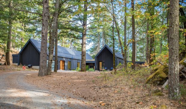 Exterior view of a contemporary dark-clad cabin-style residence composed of several gabled volumes, set among mature trees in a wooded landscape. The buildings have steep pitched roofs with dark corrugated metal roofing, dark vertical cladding, and warm timber-toned entry doors. A gravel driveway or path leads through the forested site.