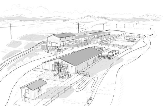 A monochrome architectural perspective sketch showing a rural agricultural or commercial site. Several simple pitched-roof buildings, including a large foreground structure and smaller outbuildings, are arranged around driveways, fenced areas, parking or loading zones, and service infrastructure. Rolling hills and utility poles form the background.