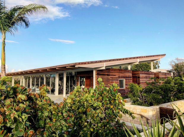 Single-storey contemporary coastal residence viewed from the landscaped exterior. The home has a broad low-pitched roof with deep overhangs, extensive floor-to-ceiling glazing, slender light-coloured structural posts, and horizontal timber cladding. Tropical and coastal planting fills the foreground, with a raised pale masonry planter or retaining wall along the front.