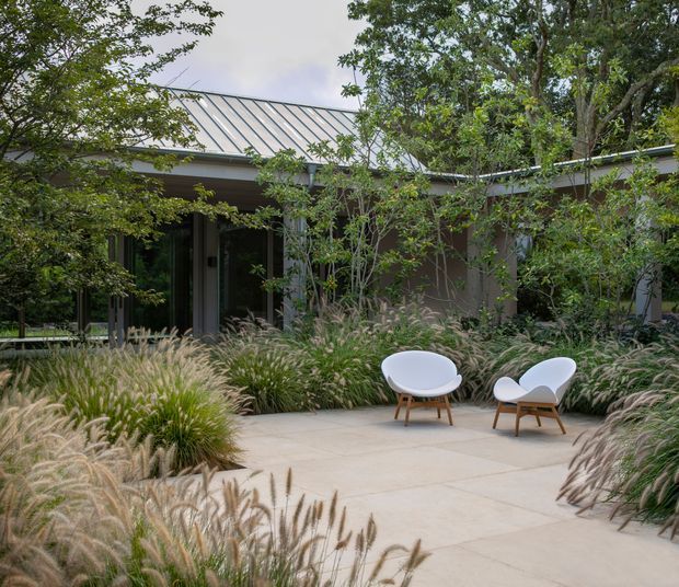 A landscaped courtyard or patio beside a low modern building, featuring a standing-seam metal pitched roof, extensive ornamental grasses and mature planting, dark framed glazing, and a pale paved terrace furnished with two white sculptural lounge chairs.