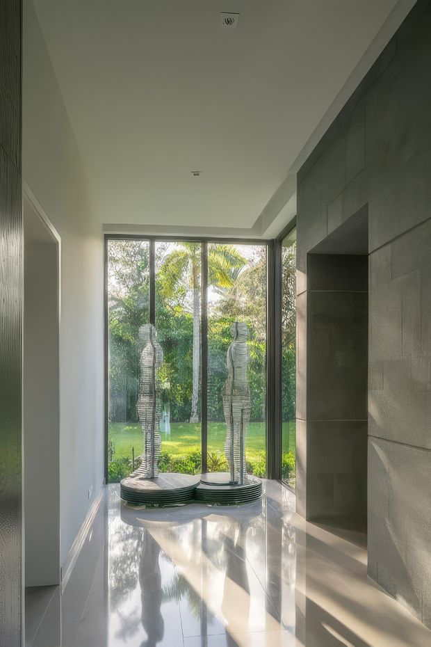 A bright, narrow contemporary interior gallery or hallway with full-height glazed doors and windows opening to a landscaped garden. Two sculptural wire figures stand on circular plinths by the glazing. The room has glossy pale flooring, white walls and ceiling, dark slim window frames, and a large textured grey feature wall with a recessed niche or fireplace-like opening. Strong sunlight creates reflections and shadows across the floor.