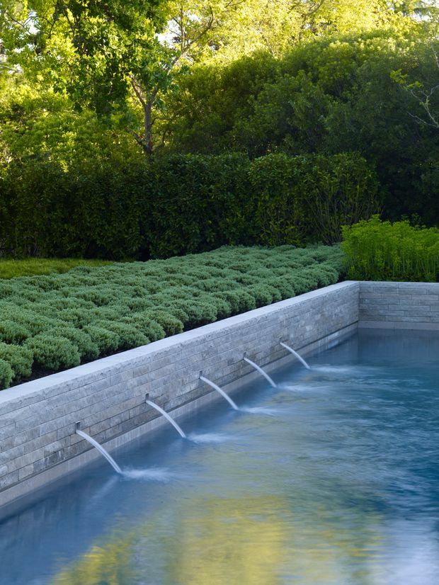 A landscaped outdoor pool with clear blue water and multiple curved water jets flowing from a light grey masonry retaining wall. Dense clipped hedges, low silvery-green groundcover, and mature trees surround the pool, creating a lush garden setting.