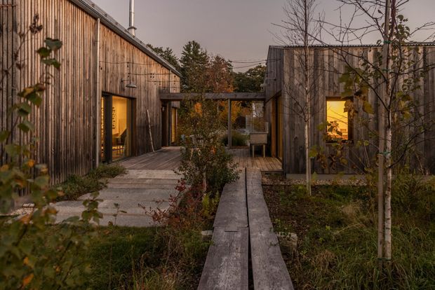 A dusk view of a contemporary timber-clad residential compound arranged around a landscaped courtyard. Two tall, narrow buildings with weathered vertical wood siding are linked by a central covered passage, with warm light glowing through large windows and doors. A raised timber walkway leads through native-looking planting and gravel-paved outdoor spaces, creating a quiet, intimate architectural setting.
