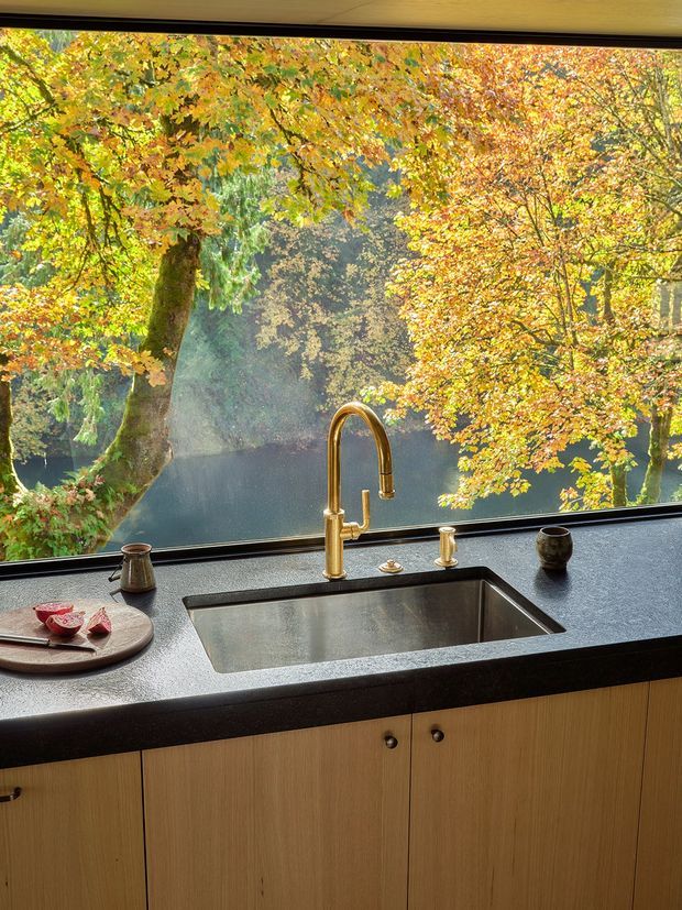 Close-up view of a refined kitchen sink zone beneath a large picture window overlooking a lush autumn garden and pond. The kitchen features a dark textured countertop, deep undermount stainless-steel sink, tall brass gooseneck tapware, and warm vertical-grain timber cabinetry with small dark knobs. Natural light and vivid fall foliage create a warm connection to the landscape.