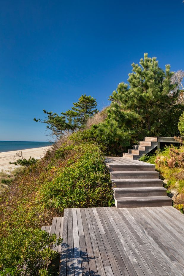A timber boardwalk and stepped deck pathway winding through dense coastal vegetation toward a sandy beach and calm blue ocean. The scene is sunlit and natural, with weathered grey-brown decking integrated into the dune landscape and evergreen coastal trees surrounding the path.
