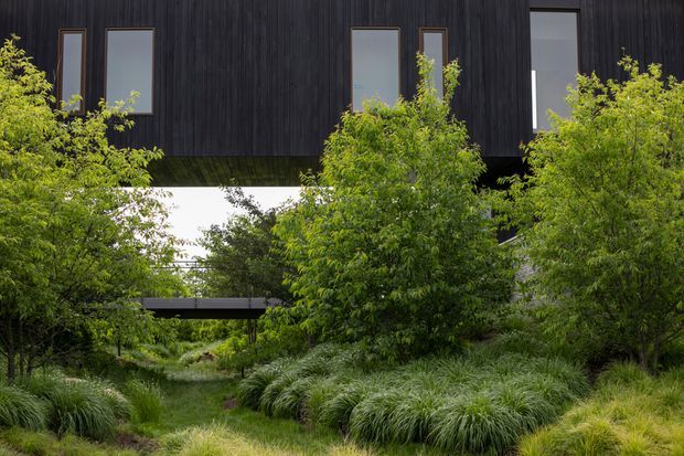 Exterior view of a dark, vertically clad contemporary building elevated above a lush landscaped garden. Narrow vertical windows punctuate the black facade, while a covered bridge or walkway passes beneath the structure. Dense ornamental grasses, shrubs, and mature trees create a natural courtyard-like setting.