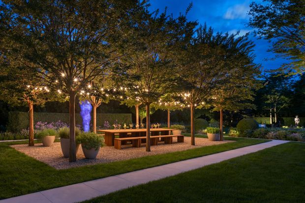 A landscaped outdoor garden entertaining area at dusk, featuring a timber pergola or tree-supported canopy strung with warm festoon lights, built-in timber picnic-style tables and benches, large planters, ornamental planting, a glowing blue sculptural fountain or feature, and a paved walkway through neatly maintained lawns.