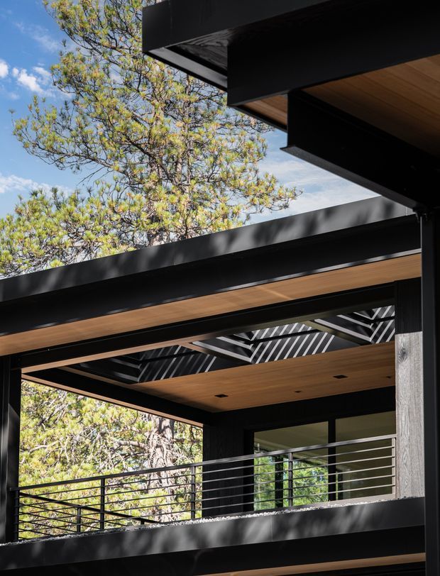 Close-up exterior architectural view of a contemporary multi-level structure set among trees. The building features bold black steel or metal framing, deep projecting roof planes, warm timber soffits, a partially glazed or translucent overhead section, and horizontal metal balcony balustrades. Strong geometric lines and contrasting natural surroundings are visible, with no interior room clearly shown.