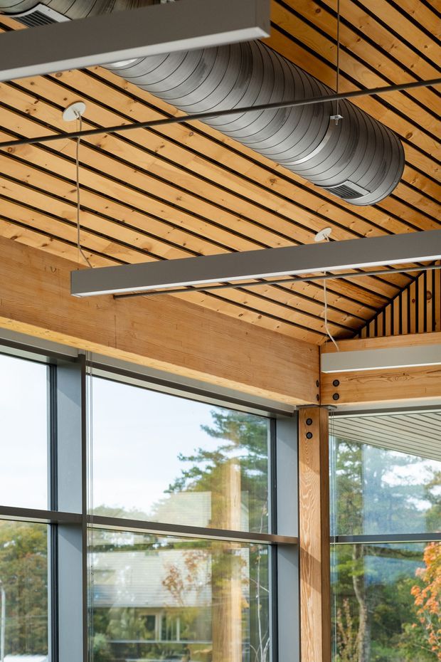 Upward architectural detail of a contemporary timber-framed interior with a sloped exposed timber ceiling, regularly spaced dark structural battens, large exposed silver HVAC ductwork, suspended linear light fixtures, and expansive dark-framed glazing. The view emphasizes exposed structure, natural timber, and abundant daylight.