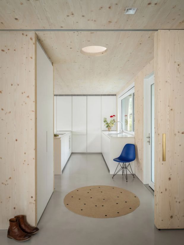 A bright, minimalist kitchen viewed from an entry hall. The space features pale plywood wall and ceiling linings, full-height white cabinetry, white benchtops, a grey smooth floor, large windows, and a blue molded chair. A circular beige rug and timber joinery add warmth, while a small dining or preparation area is visible at the rear.