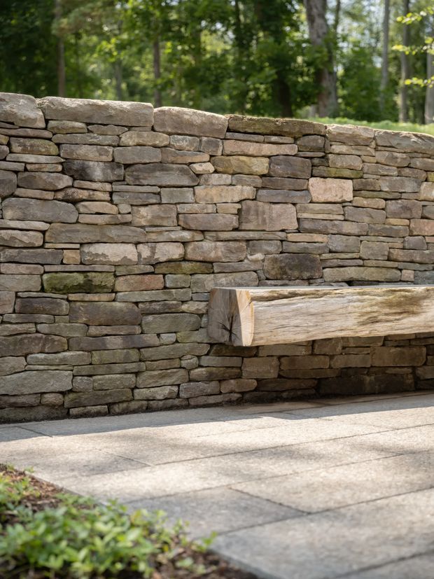 A landscaped outdoor garden setting featuring a low dry-stacked stone retaining wall, a simple weathered timber bench integrated into the wall, and large pale paved slabs in the foreground. Mature trees and greenery form the background, creating a natural, rustic outdoor seating area.