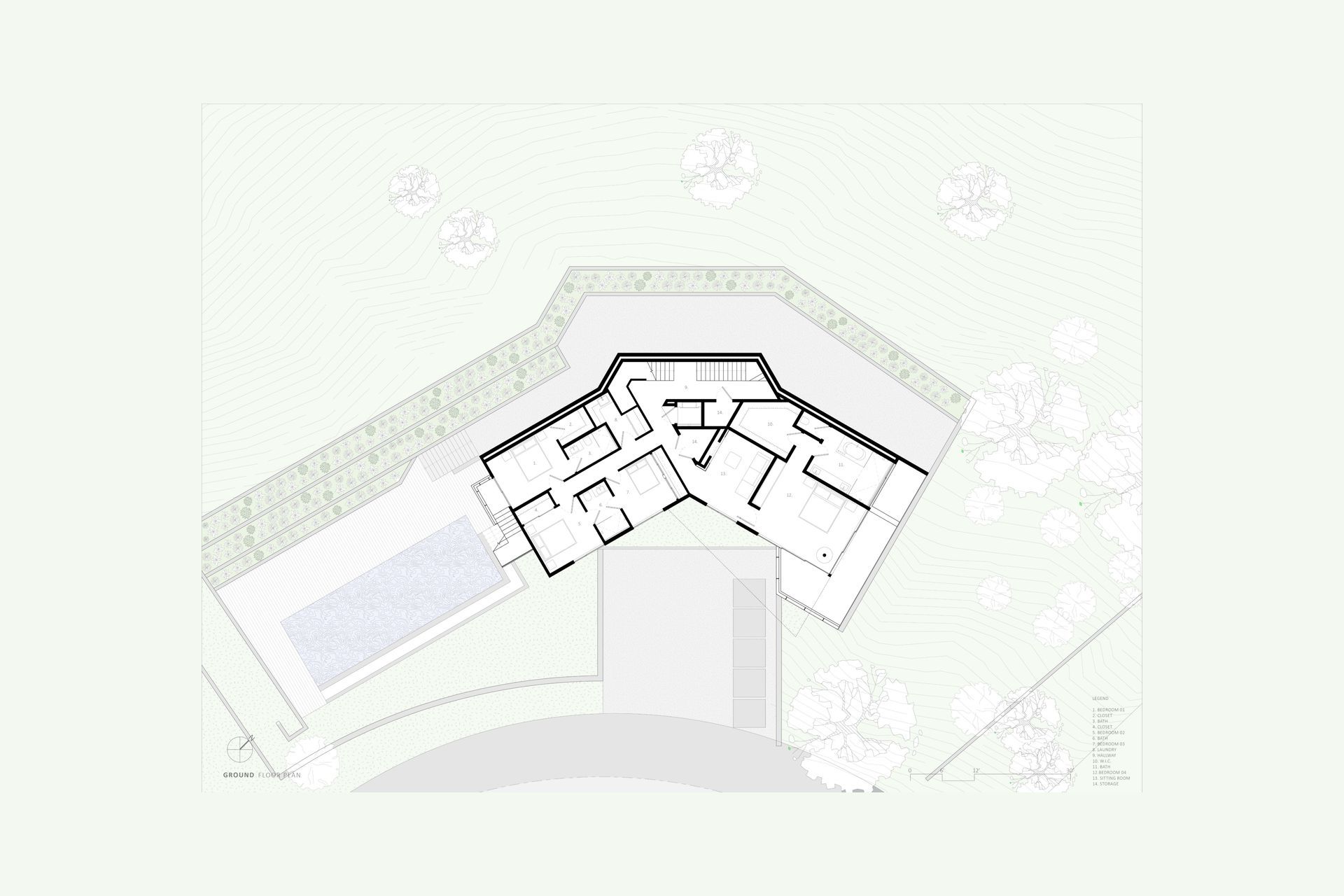 The home’s plan is more traditional with a kitchen that’s separated from the living spaces. But
it’s unconventional in that the bedrooms are on the ground floor, with the public spaces above to
take in views