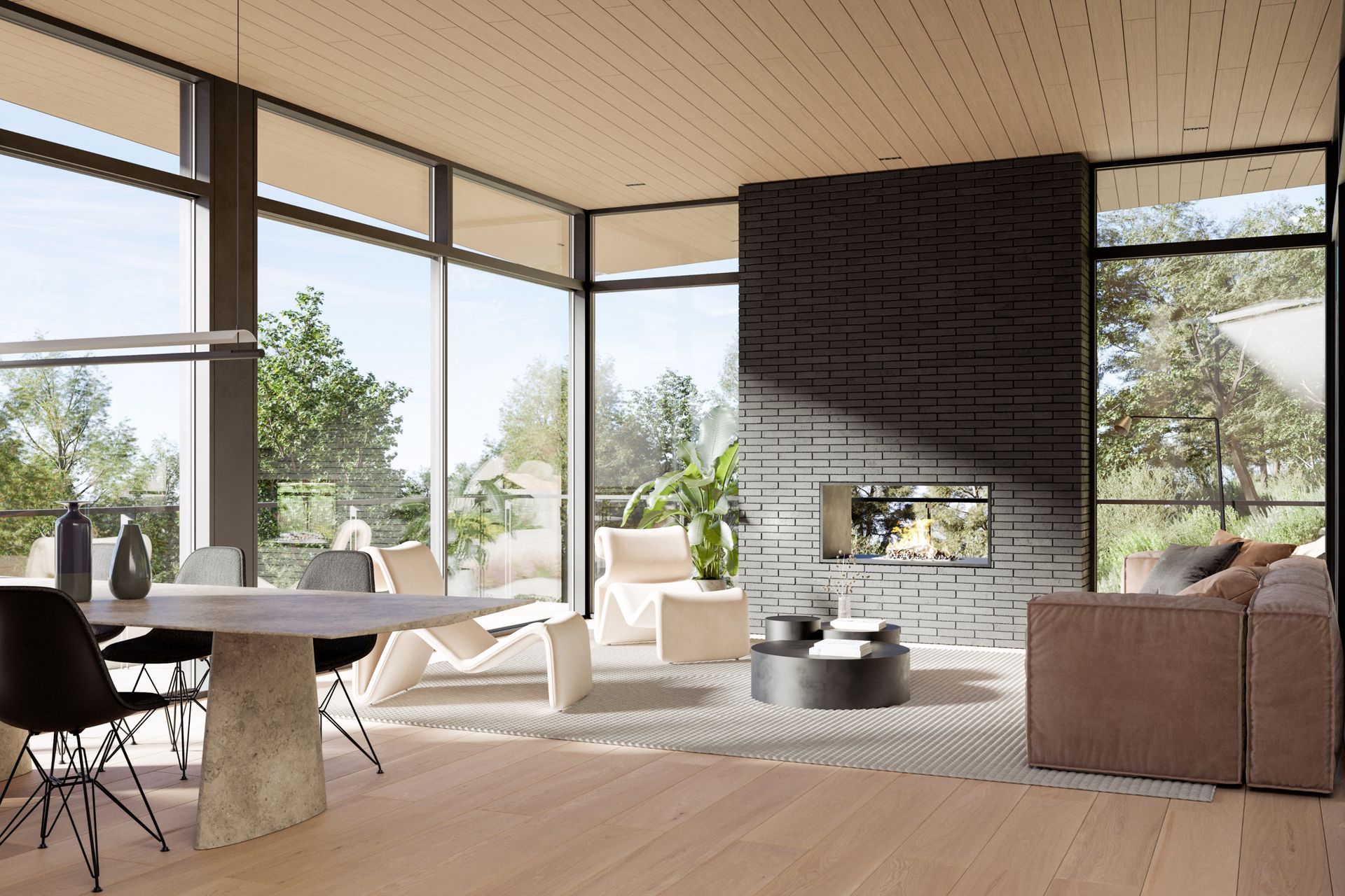 The soaring living area features tall ceilings and floor-to-ceiling windows punctuated by a double-sided fireplace in black brick.