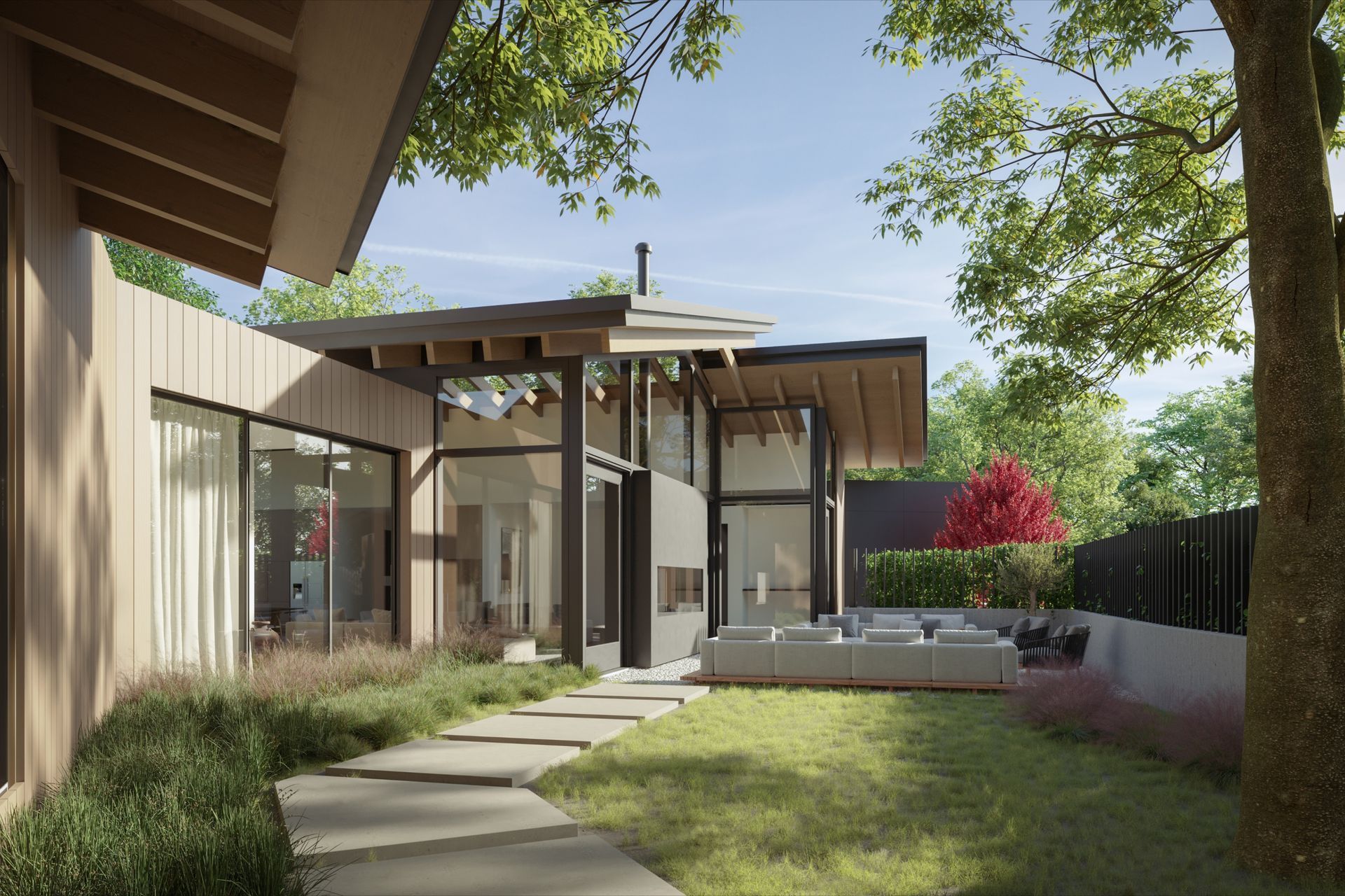 Large-format pavers create a pathway that leads from one end of the house to the outdoor patio adjacent to the entrance.