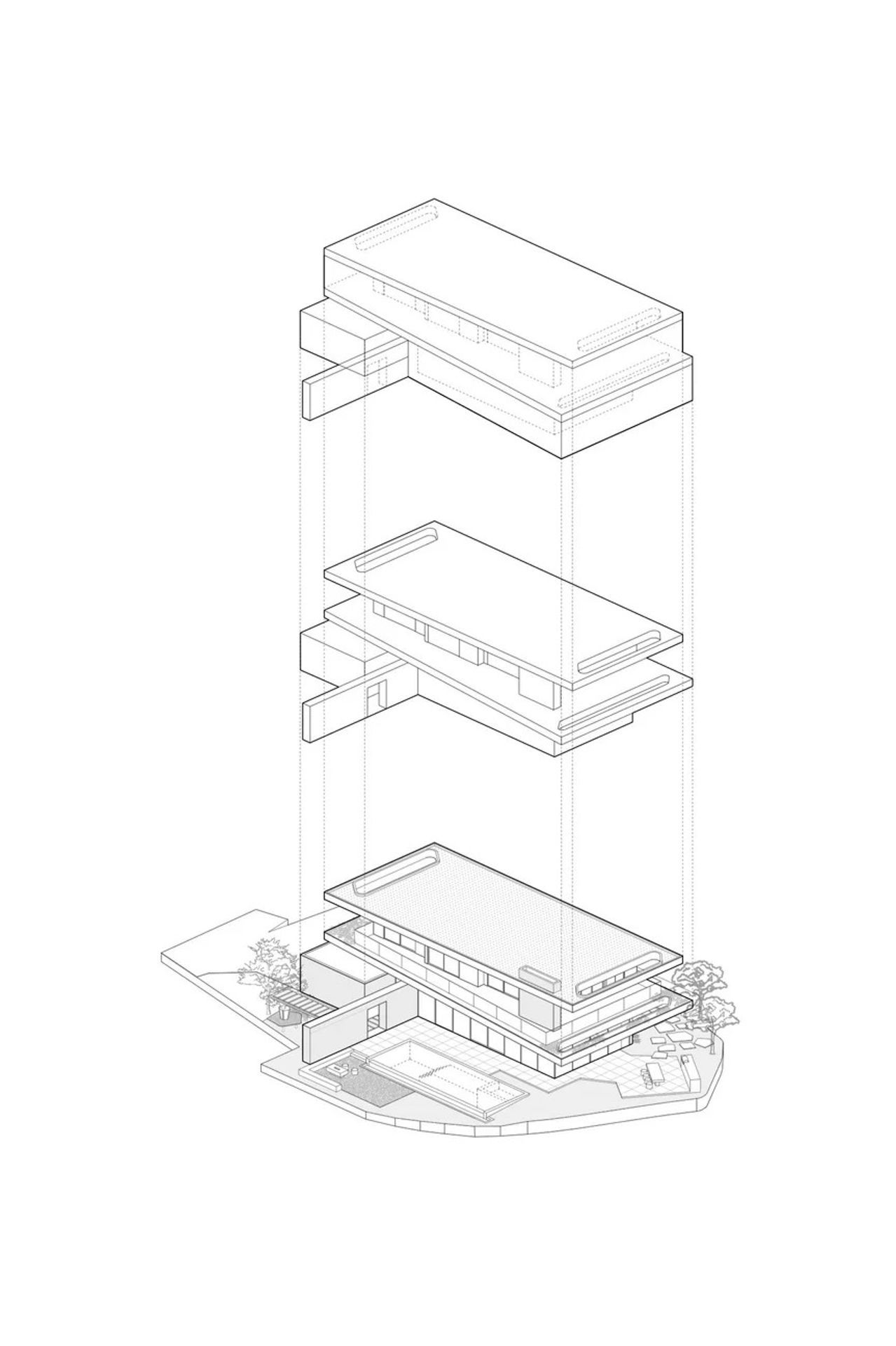 The rectangular plan features a clean, modernist feel that’s accentuated with dramatic rooflines.
