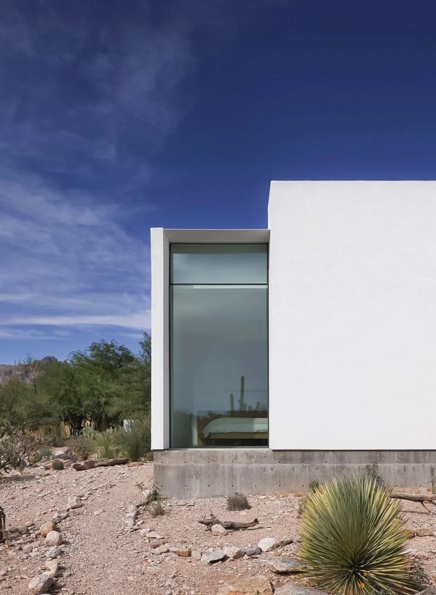 A minimalist single-storey building exterior in a dry desert landscape. The composition shows a crisp white rendered facade with a tall floor-to-ceiling glazed opening framed in dark metal, raised above a raw concrete base. Desert rocks, scrub, yucca-like planting and distant rugged terrain surround the building beneath a deep blue sky.
