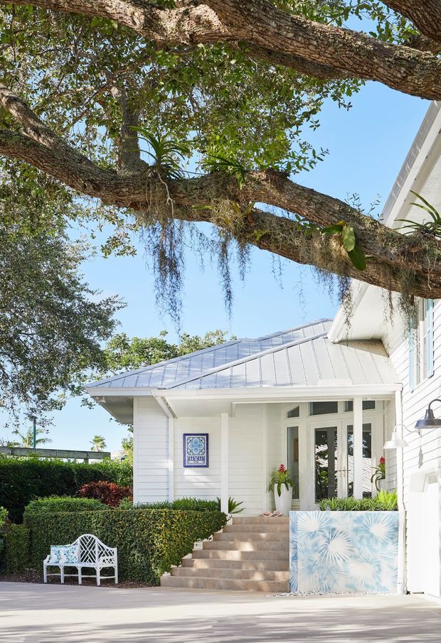Bright exterior view of a white weatherboard home entrance, featuring a small covered porch with glazed double doors, a pale metal roof, broad masonry steps, clipped hedges, tropical planting, and a mature tree canopy overhead. The scene has a fresh coastal character with light blue accents and abundant greenery.