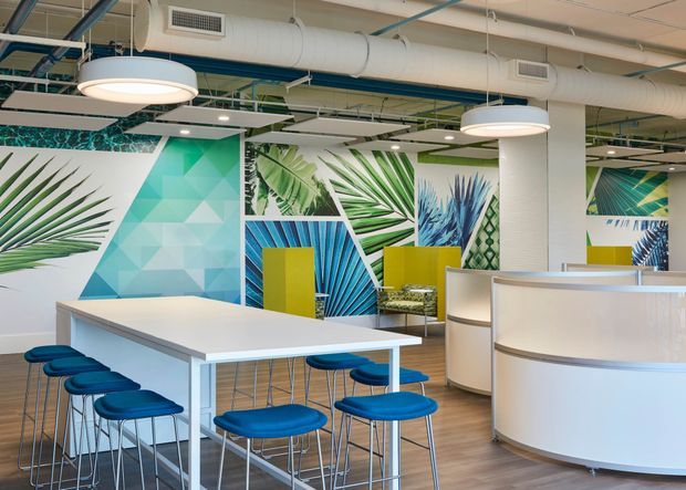 Bright contemporary commercial interior with an open-plan breakout or hospitality area. A long white communal table is surrounded by vivid blue stools, while curved white reception or partition joinery defines the right side. The space features colourful botanical wall graphics, polished light timber-look flooring, suspended circular lighting, and an exposed ceiling with visible ductwork and services.