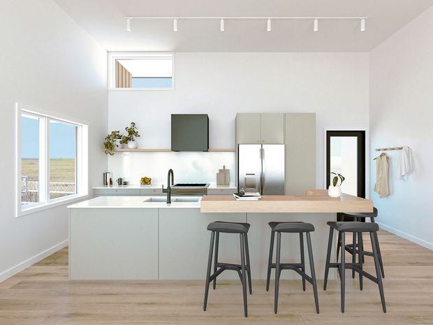Bright contemporary kitchen with a large island and timber breakfast bar seating for four. The space has pale cabinetry, a stainless-steel refrigerator, white walls, light timber flooring, a linear track-lighting system, large windows, and a glazed door opening toward an exterior view. Minimal open shelving and a few plants provide restrained decoration.