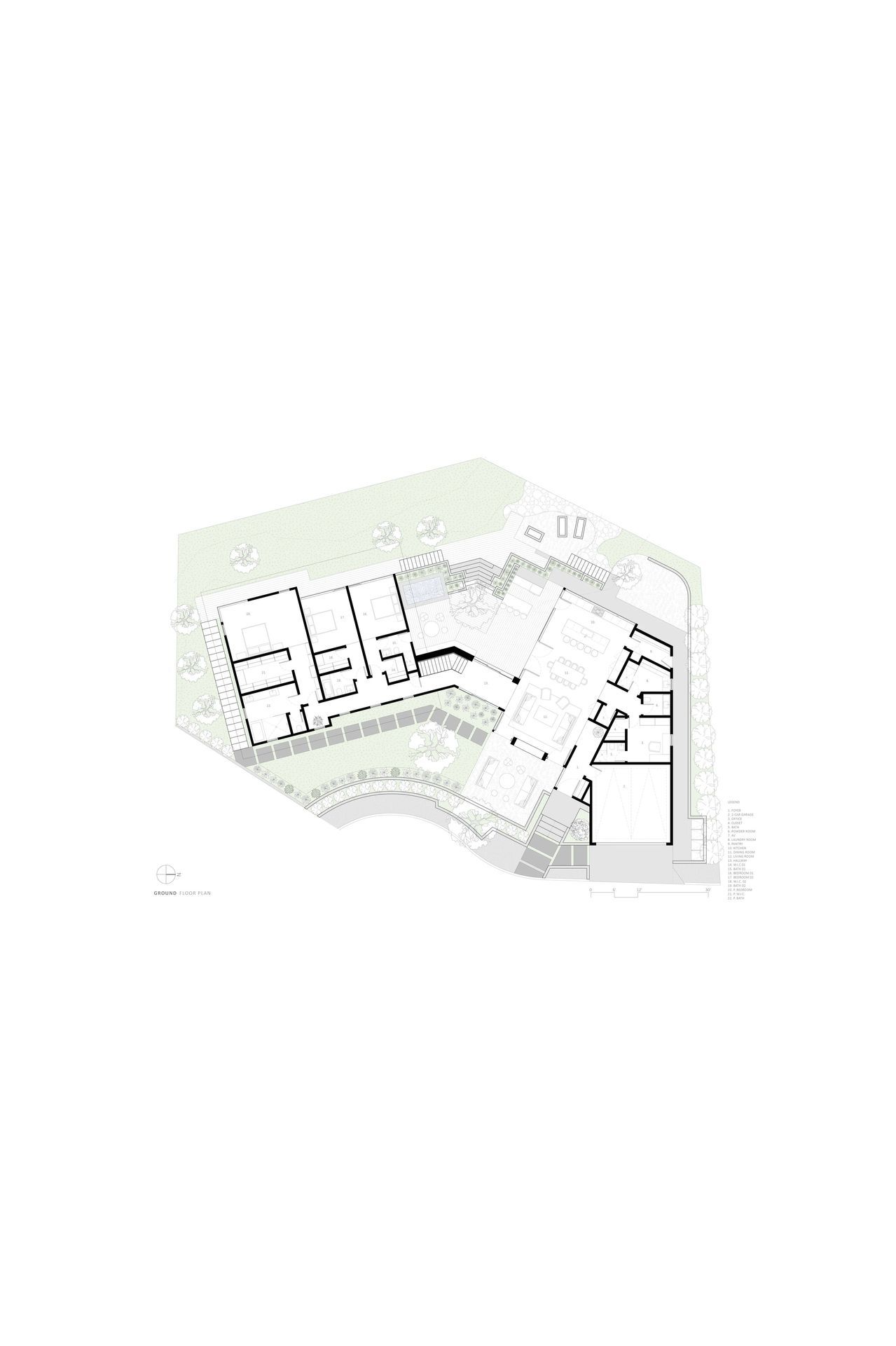 The home’s open-plan public areas are organized in a row, with the living and dining spaces and the kitchen leading to a private patio with terraced gardens at the rear.