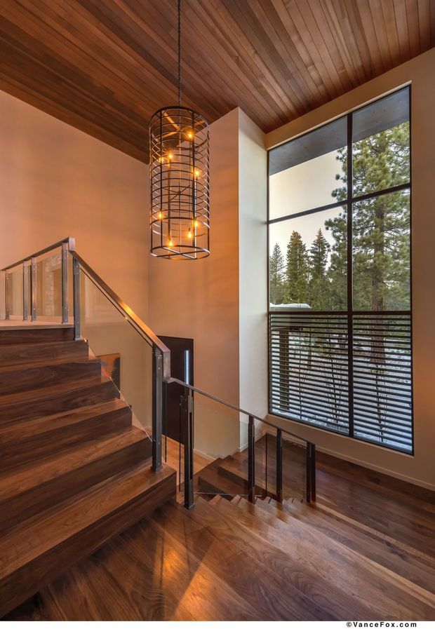 A contemporary stairway rising through a warm, wood-lined interior. Dark timber stairs and flooring are paired with clear glass and dark metal balustrades, while a tall black cage pendant light hangs beneath the timber ceiling. A large floor-to-ceiling window provides views of trees and fills the stairwell with natural light.