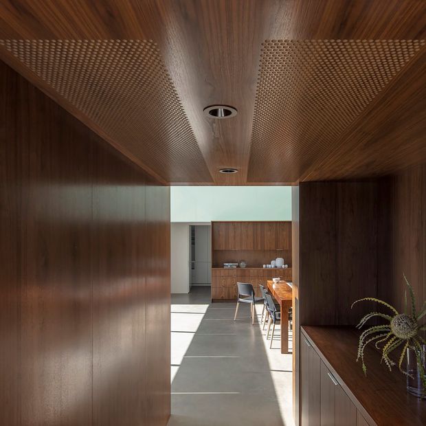 A refined interior view through a dark timber-lined passage toward an open dining and kitchen area. The ceiling features warm wood panelling with perforated acoustic sections and recessed downlights, while matching timber wall panelling and built-in cabinetry create a cohesive, highly detailed fit-out. A timber dining table, upholstered dining chairs, open shelving, and ceramic objects are visible in the sunlit room beyond. The floor is a smooth mid-grey concrete finish, contrasting with the rich dark wood surfaces.
