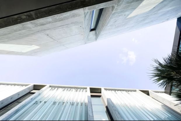 Upward-looking architectural exterior view of a contemporary concrete building, framed by tall translucent or ribbed vertical facade panels and narrow glazing. The image emphasizes the building envelope, strong vertical lines, exposed concrete surfaces, and an open sky view, with a small amount of vegetation at the edge.