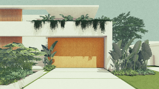 Stylized architectural rendering of a modern residential facade with a broad white rendered structure, a recessed garage or entry opening, warm vertical timber screening, and layered tropical planting. A pale concrete driveway leads toward the building, with planter boxes and dense banana-like foliage framing the entrance. The flat, geometric building form and strong indoor-outdoor landscaping create a contemporary tropical appearance.
