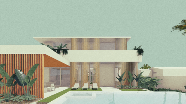 Stylized architectural rendering of a modern, tropical-resort-inspired residence arranged around a swimming pool. The building has strong horizontal roof slabs, warm vertical timber screening, pale textured walls, extensive glazing, rooftop planting, and lush tropical landscaping. The composition suggests a multi-level home with a flat roof and a calm, geometric pool courtyard.