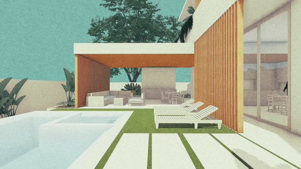Stylized architectural rendering of a modern outdoor pool terrace beside a glass-walled building. The design features a long rectangular swimming pool, white paving slabs set into lawn, white slatted lounge chairs, a timber-slatted privacy screen, and a flat-roofed timber-and-white pavilion framing a partially enclosed outdoor area. Tropical planting and a visible dining area appear in the background.