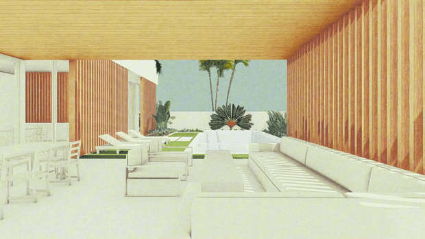 Bright architectural rendering of a modern open-plan indoor-outdoor living and dining area. The space features extensive white built-in and loose seating, a long sectional sofa, dining furniture, pale flooring, and warm vertical timber slat wall and ceiling finishes. Large openings connect to a landscaped outdoor terrace with sculptural planting and a pool-like pale surface.