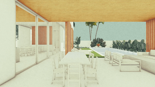 A bright architectural rendering of a covered outdoor dining and lounge terrace. A long timber-lined overhead canopy frames a white dining table and chairs, with built-in bench seating and a separate lounge arrangement overlooking a landscaped garden and pool-like water feature. Full-height glazing connects the terrace to a light interior dining space, while vertical timber screens add texture.