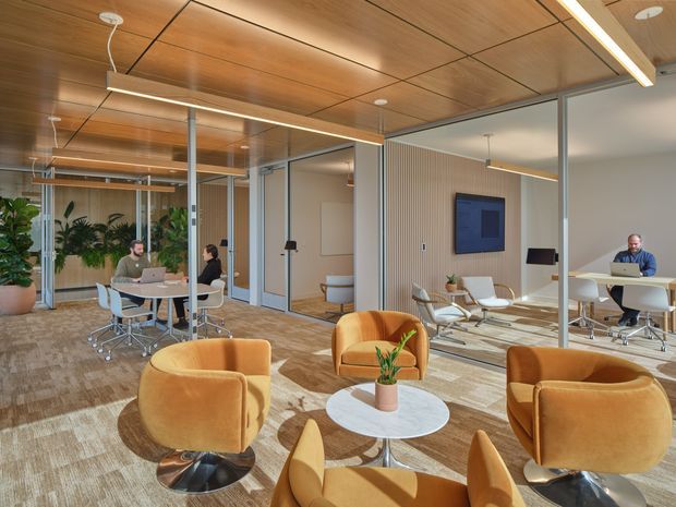 A bright, contemporary open-plan office interior with glazed meeting rooms, workstations, lounge seating, and indoor plants. The space features a warm timber-lined ceiling, exposed slim structural posts, carpeted flooring, and extensive clear glass partitions. Mustard and ochre upholstered lounge chairs surround round tables, while linear suspended lighting creates a clean, refined workplace atmosphere.