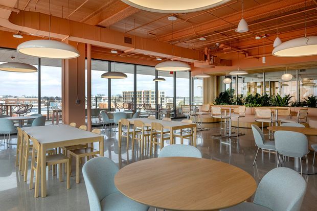 A bright, expansive contemporary commercial dining and lounge area with extensive floor-to-ceiling glazing, numerous light timber tables and chairs, polished concrete flooring, and large suspended pendant lights. The space features a warm timber-toned exposed ceiling and columns, a long planted counter or divider, and views toward surrounding buildings and water through the windows.