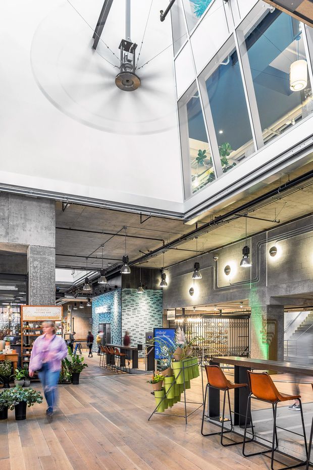 A spacious multi-level commercial interior with an industrial-inspired fit-out. The open lobby or hospitality area features exposed concrete ceilings and columns, visible service conduits, black metal pendant lighting, dark painted masonry walls, timber-look flooring, high bar seating, indoor plants, and a mezzanine with large internal windows. A dramatic double-height void and suspended ceiling fan add visual interest, while stairs and café-style seating are visible in the background.