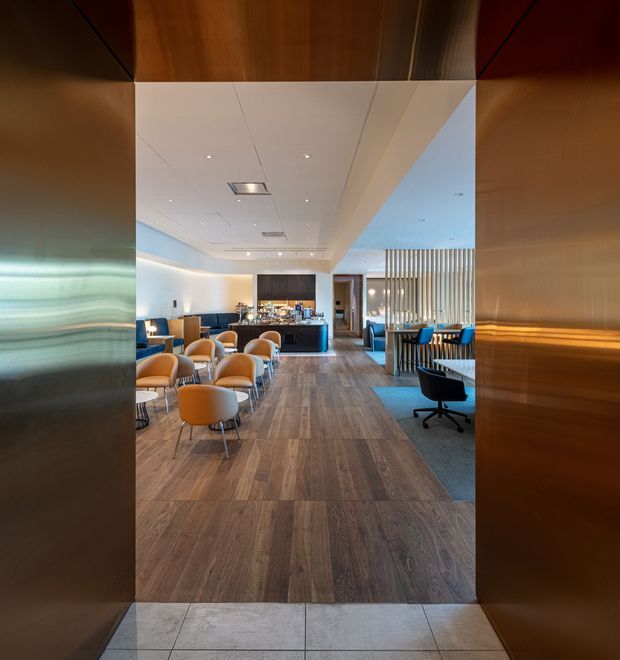 A contemporary commercial hospitality interior viewed from a dark wood-lined lift or entry threshold. The space features a long wood-look tiled floor, a white recessed ceiling with downlights, a bar or reception counter at the rear, clustered tan upholstered lounge chairs and small tables, and a partially screened work or dining area with vertical timber battens. The palette is warm brown, cream, tan, and muted blue, with a polished but inviting atmosphere.