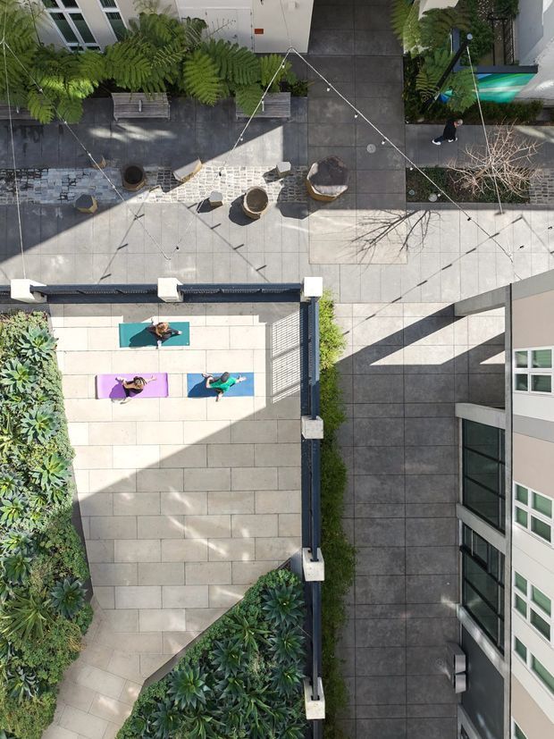 Aerial view of a landscaped urban courtyard or terrace between multi-storey buildings. Large-format grey paving forms open outdoor areas with seating, planted zones, raised garden beds, and three people exercising on yoga mats. Ferns and dense succulents provide greenery, while strong building shadows create a geometric composition.