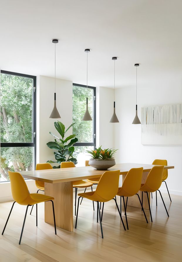 Bright contemporary dining room with a large light-wood dining table surrounded by mustard-yellow upholstered chairs. Four sculptural pendant lights hang from a white ceiling, while expansive black-framed windows bring in views of leafy greenery. A large white textured wall artwork and indoor plants complete the clean, airy interior.