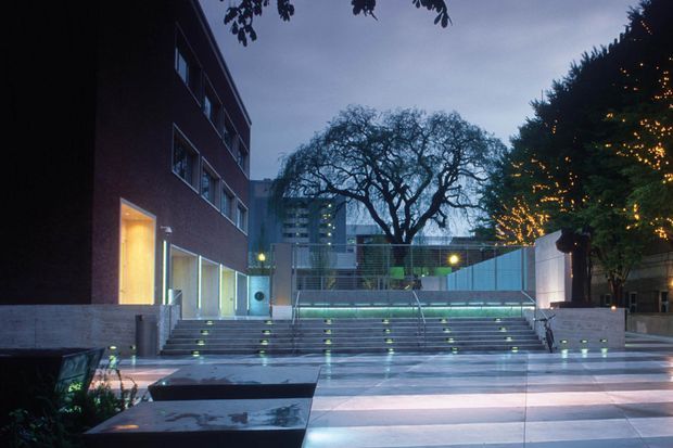 A dusk view of a contemporary urban architectural courtyard or entry plaza. Broad wet-paved steps with integrated lighting lead toward a glazed and metal-screened building entrance, flanked by dark masonry walls, mature trees, and illuminated foliage.
