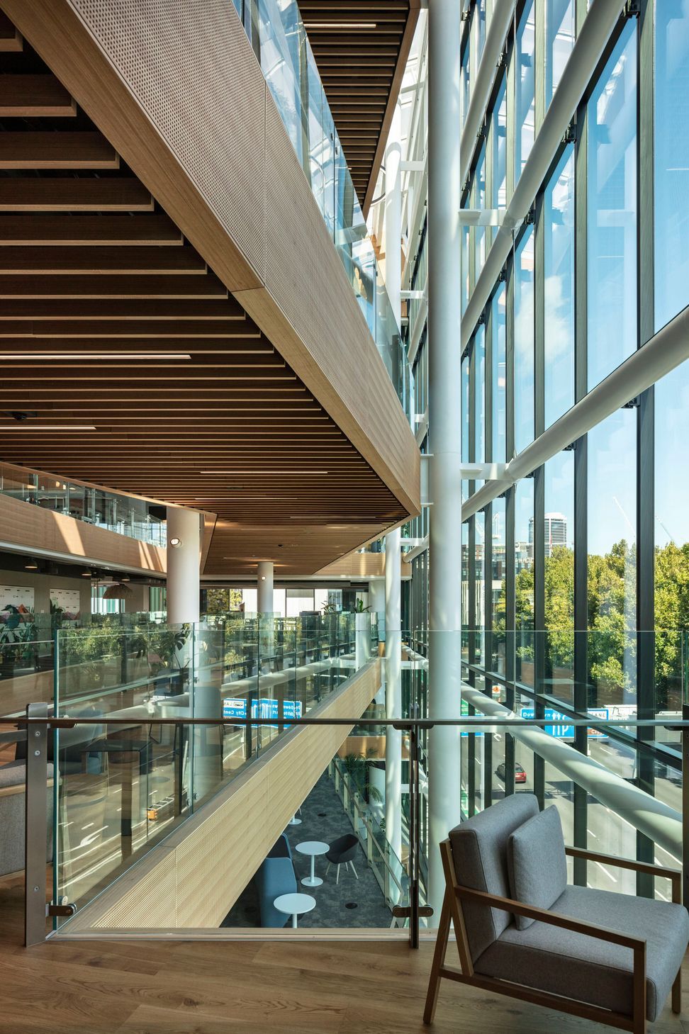 The southern facade's curtain wall comprises low-iron glass, which is extra clear to provide the best possible view out to Victoria Park.