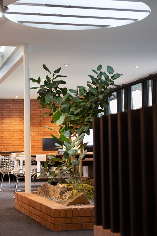 Interior view of a contemporary commercial or hospitality space featuring a large indoor planter built from exposed red brick, mature leafy trees, and natural rocks. A dining or lounge area with wire-frame chairs and tables is visible behind the planter, along with exposed brick walls, dark vertical screening, recessed ceiling lights, and a large oval skylight or rooflight with structural slats.