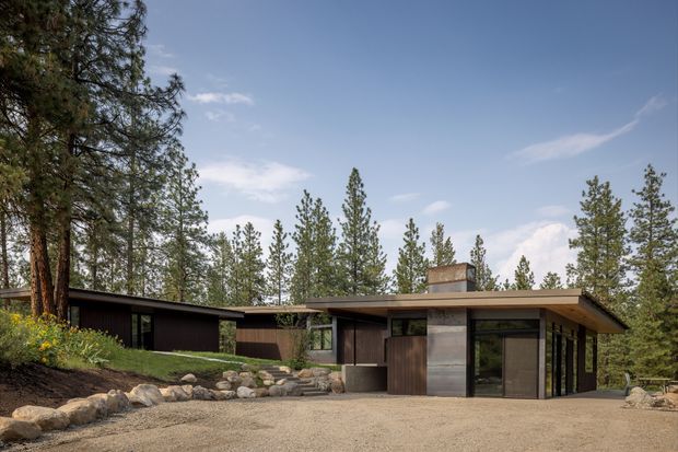 Low-slung modern single-storey house set among tall pine trees, with dark vertical cladding, broad flat roof planes, extensive floor-to-ceiling glazing, a concrete chimney or feature wall, and a natural stone-edged landscaped approach. The composition emphasizes the building exterior and its wooded setting.