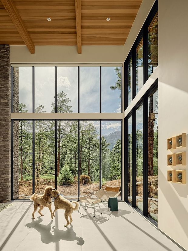 A bright, double-height interior with expansive floor-to-ceiling black-framed glazing overlooking a wooded mountainous landscape. The room features a warm timber-lined ceiling with exposed beams, pale smooth walls, a large light-coloured tiled or concrete floor, a dark stacked-stone feature wall, and a small seating area near the windows. Built-in square display niches are arranged on the right wall. Strong daylight creates long shadows across the floor.